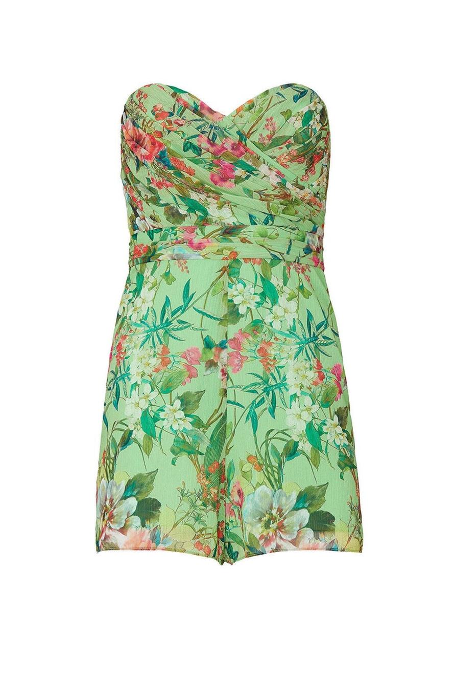 Jay Godfrey Lydia Green Floral Print Strapless Sweetheart Romper Size 6